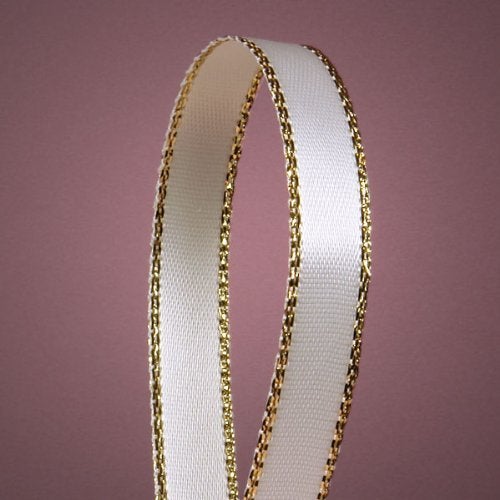 Anrox Supply Co Polyester Satin Ribbon w/Gold Edge Border 50 Yds (1/4"", White)